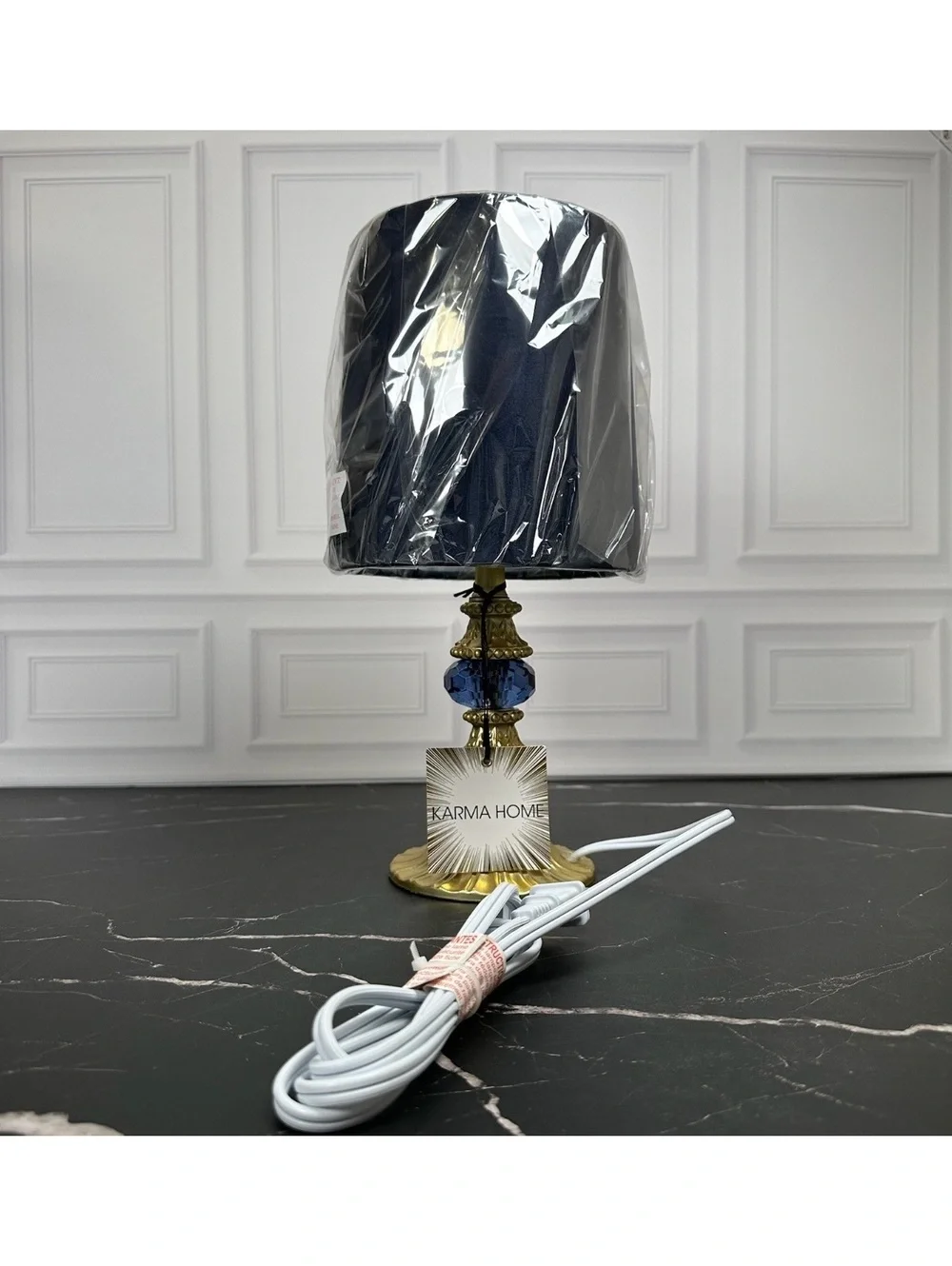 Karma Home Elegant Blue and Gold Table Lamp with Black Shade, 12 Inches Tall